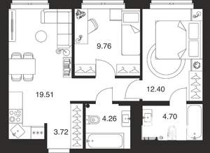 2-к квартира, вторичка, 54м2, 18/25 этаж