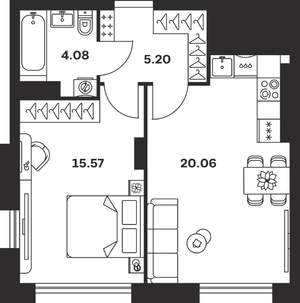 1-к квартира, вторичка, 45м2, 3/15 этаж