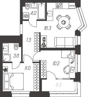 2-к квартира, строящийся дом, 57м2, 20/24 этаж