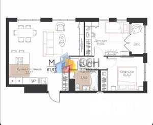 2-к квартира, вторичка, 62м2, 2/6 этаж