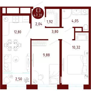 2-к квартира, вторичка, 47м2, 8/10 этаж