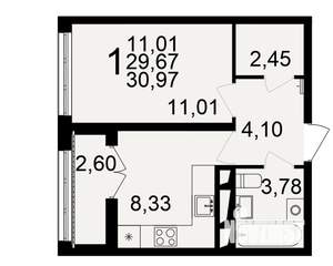 1-к квартира, строящийся дом, 30м2, 15/18 этаж