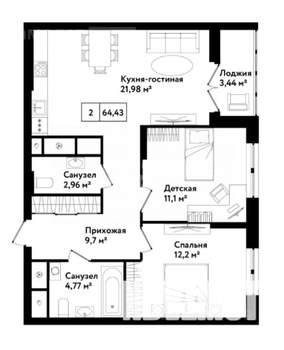 2-к квартира, сданный дом, 66м2, 15/25 этаж