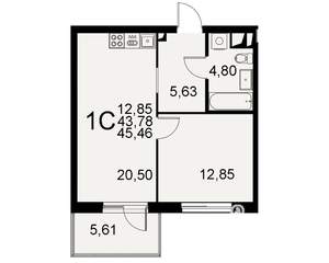 1-к квартира, строящийся дом, 44м2, 1/11 этаж