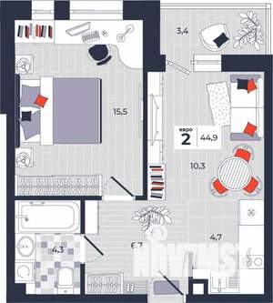 2-к квартира, строящийся дом, 45м2, 2/14 этаж