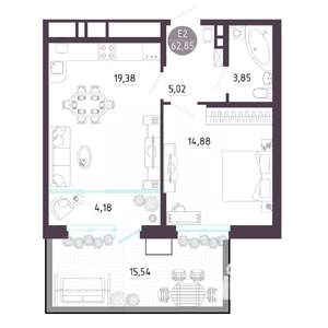 2-к квартира, строящийся дом, 63м2, 1/10 этаж