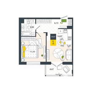 1-к квартира, вторичка, 40м2, 7/8 этаж