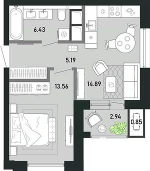 1-к квартира, строящийся дом, 44м2, 3/21 этаж