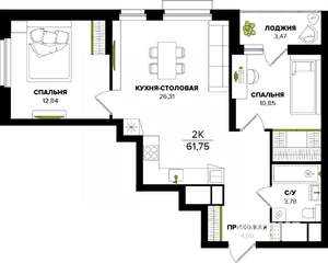 2-к квартира, вторичка, 62м2, 23/25 этаж