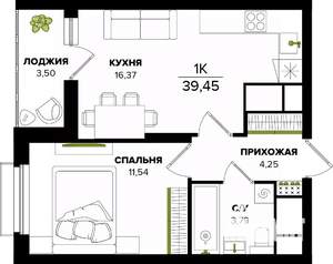 1-к квартира, вторичка, 39м2, 23/25 этаж