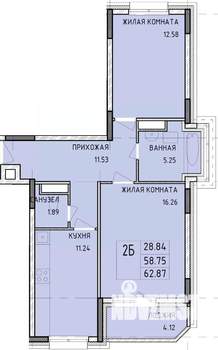 2-к квартира, строящийся дом, 63м2, 13/14 этаж