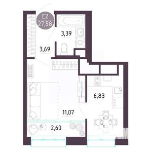 Студия квартира, строящийся дом, 28м2, 4/10 этаж
