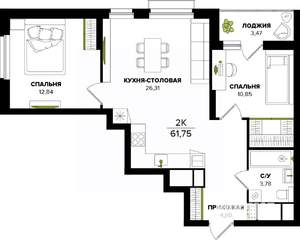 2-к квартира, вторичка, 62м2, 3/25 этаж