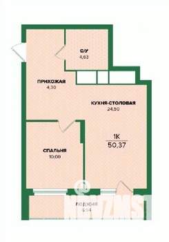 1-к квартира, строящийся дом, 50м2, 4/25 этаж