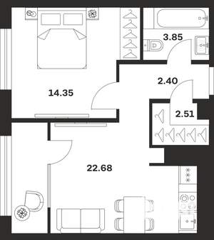 1-к квартира, строящийся дом, 46м2, 12/25 этаж
