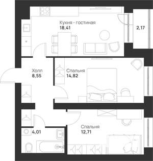 2-к квартира, вторичка, 61м2, 1/5 этаж