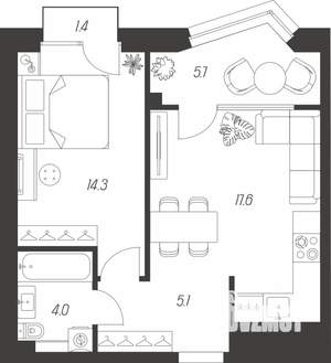 1-к квартира, строящийся дом, 48м2, 4/24 этаж