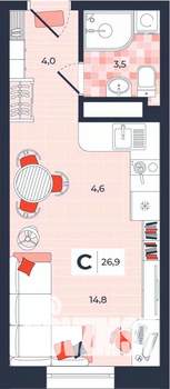 Студия квартира, строящийся дом, 27м2, 13/14 этаж