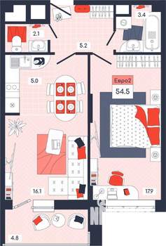 2-к квартира, строящийся дом, 55м2, 13/14 этаж