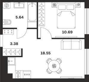 1-к квартира, строящийся дом, 38м2, 1/25 этаж