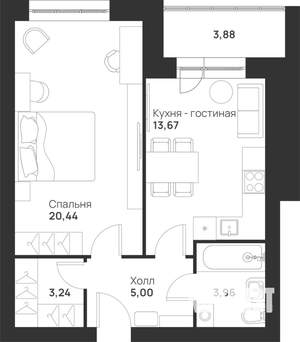 1-к квартира, вторичка, 50м2, 3/5 этаж