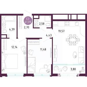 2-к квартира, вторичка, 61м2, 2/10 этаж