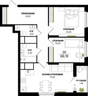 2-к квартира, вторичка, 66м2, 22/25 этаж