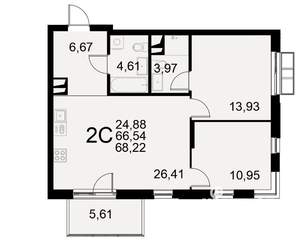 2-к квартира, строящийся дом, 67м2, 2/11 этаж