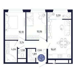 2-к квартира, строящийся дом, 54м2, 2/25 этаж