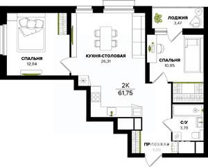 2-к квартира, строящийся дом, 62м2, 13/25 этаж