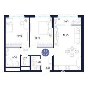 2-к квартира, строящийся дом, 59м2, 23/25 этаж