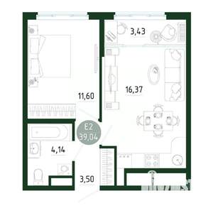 1-к квартира, строящийся дом, 39м2, 21/25 этаж