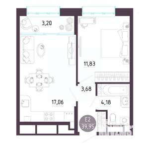 1-к квартира, строящийся дом, 40м2, 4/10 этаж