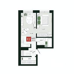 1-к квартира, вторичка, 44м2, 15/19 этаж