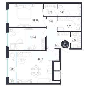 2-к квартира, строящийся дом, 76м2, 3/8 этаж