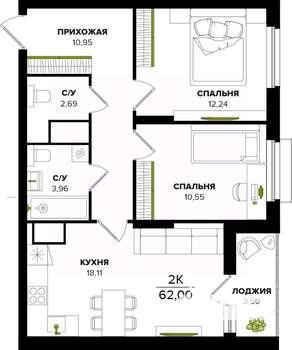 2-к квартира, вторичка, 62м2, 6/25 этаж