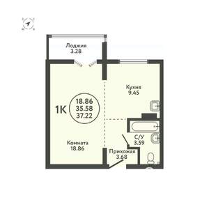 1-к квартира, вторичка, 37м2, 7/9 этаж