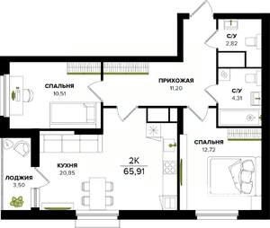 2-к квартира, вторичка, 66м2, 13/25 этаж