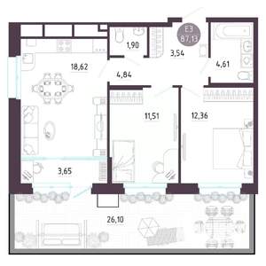 2-к квартира, строящийся дом, 87м2, 1/10 этаж
