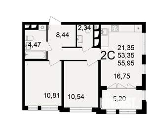 2-к квартира, строящийся дом, 53м2, 2/18 этаж