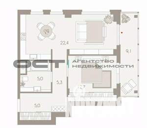 1-к квартира, вторичка, 60м2, 6/9 этаж
