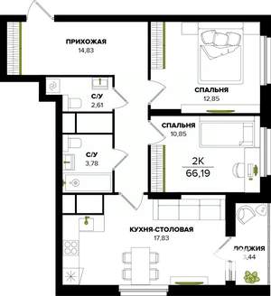 3-к квартира, строящийся дом, 66м2, 23/25 этаж