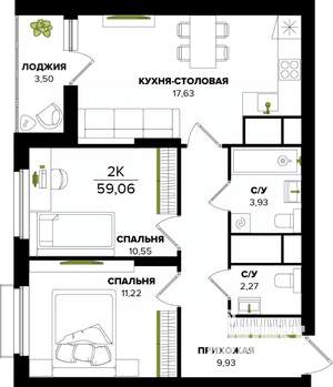 2-к квартира, строящийся дом, 59м2, 13/25 этаж