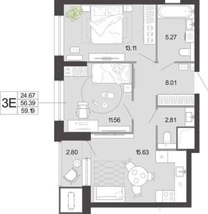 2-к квартира, вторичка, 59м2, 15/20 этаж