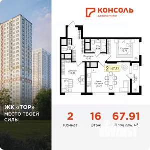 2-к квартира, вторичка, 68м2, 16/25 этаж