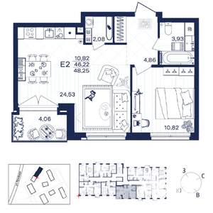 1-к квартира, строящийся дом, 48м2, 2/15 этаж