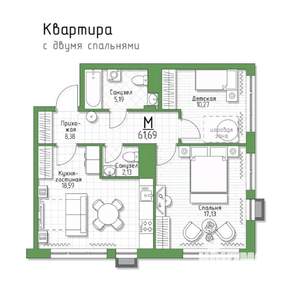2-к квартира, строящийся дом, 62м2, 5/5 этаж