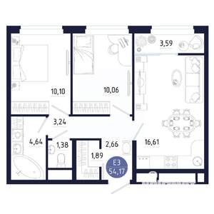 2-к квартира, вторичка, 54м2, 13/25 этаж