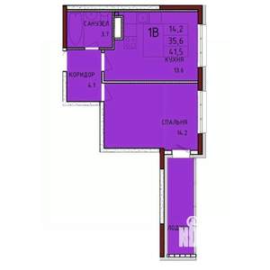 1-к квартира, строящийся дом, 42м2, 14/17 этаж