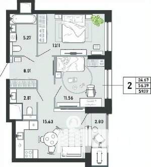 2-к квартира, вторичка, 59м2, 17/21 этаж